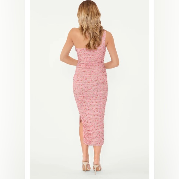 LIKELY Tash Bodycon Midi Dress In Rose shadow Multi Pink - Picture 3 of 5